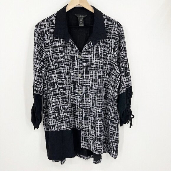 Ali Miles Black White Crosshatch Blouse XL Tie Abstract Artsy Crinkle Flowy - Picture 1 of 8